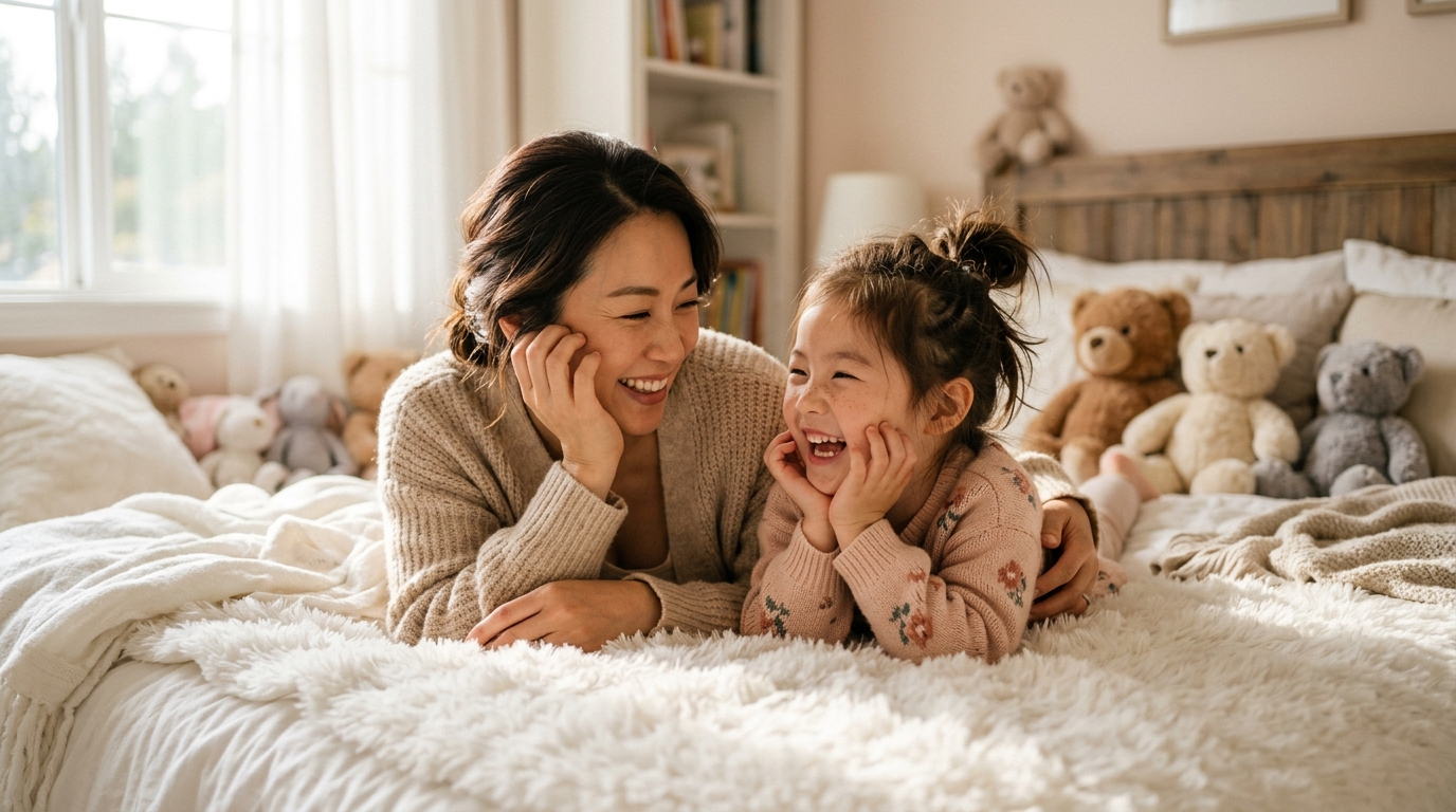 妈妈与女儿在床上温馨相视而笑